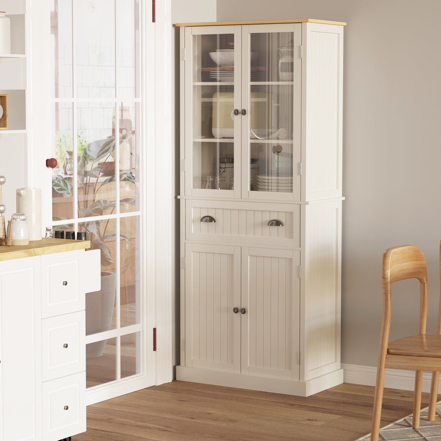 Fidozi Wooden Cream White 5 Tier Freestanding Kitchen Cupboard With Adjustable Shelves And Drawer