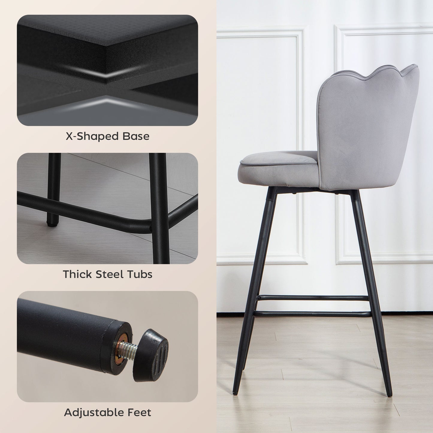 Ramette Velvet Grey Lotus Style Bar Stools Set Of 2 With Sculpted Seat