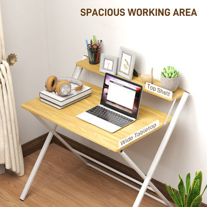 Lune 86cm Maple Wood Effect Folding Desk With 2 Tier Storage Shelves