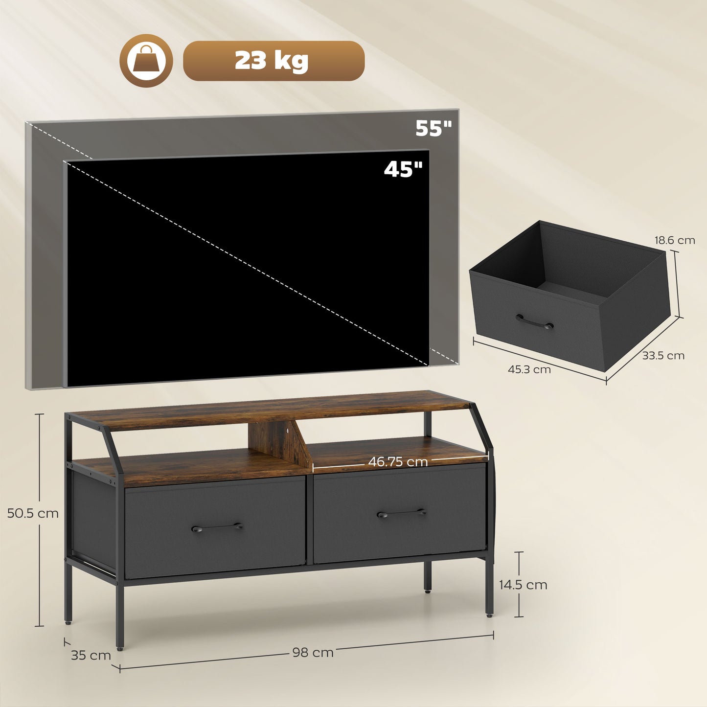 Avamira Small 98cm Black and Brown TV Stand With Foldable Drawers for TV's up to 55 Inches