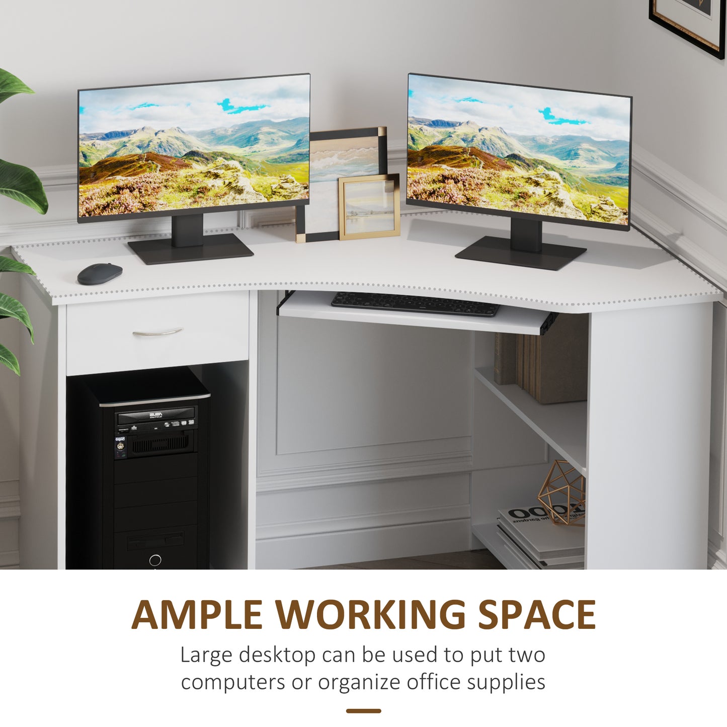 Bavise 120cm Wooden White L Shaped Corner Desk With Keyboard Tray Drawers