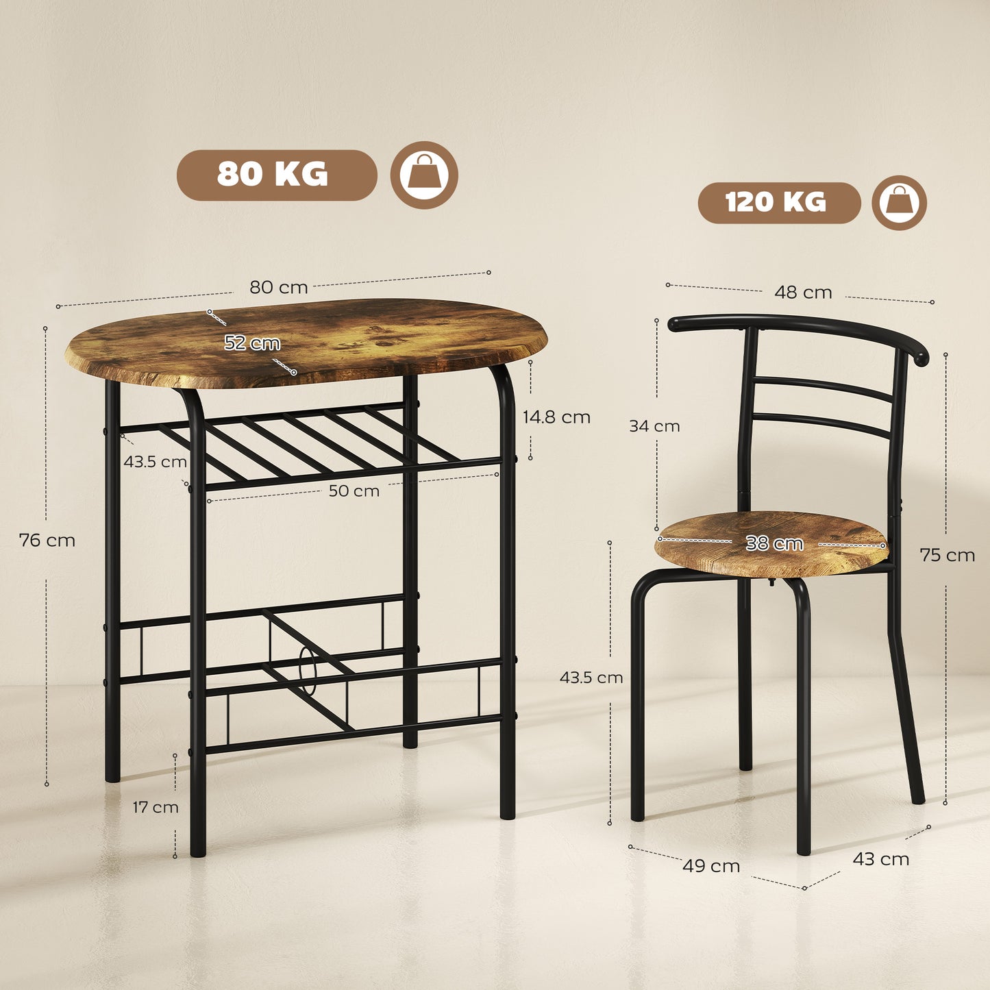 Vespa Rustic Brown Compact 3 Piece Dining Table And Chair Set