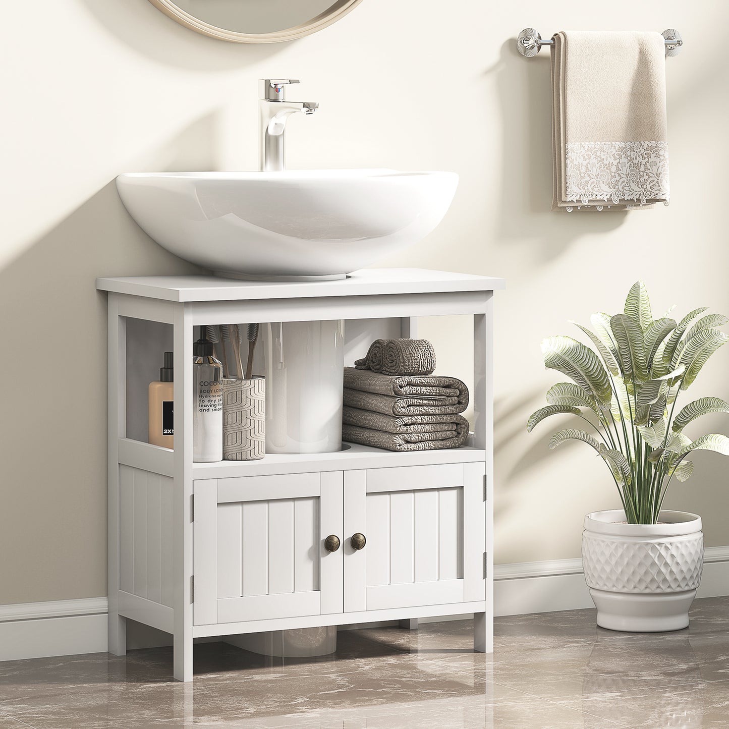 Dilaco White Fauxdestal Sink Storage Cabinet With Double Doors And Internal Shelving