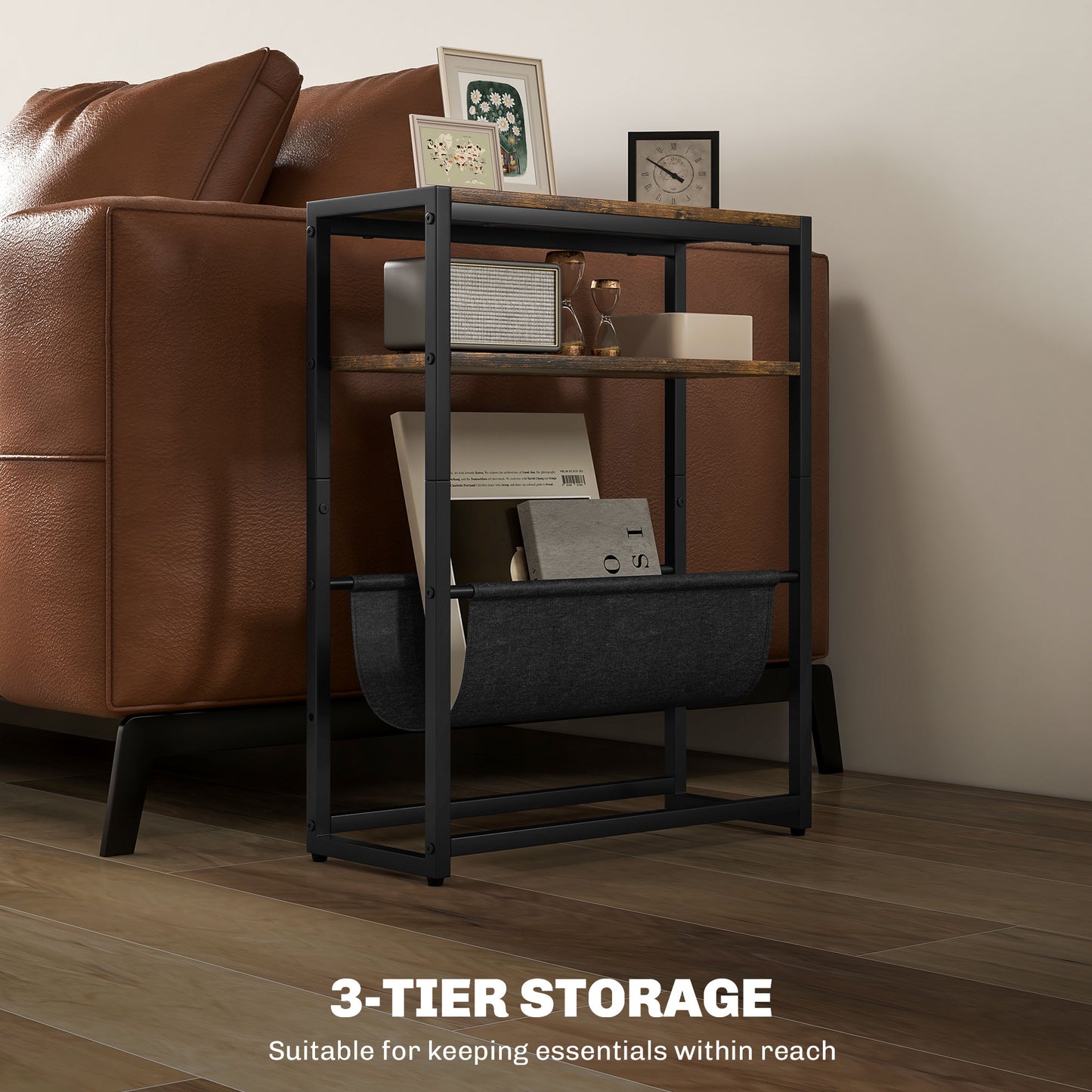 Sanami Wooden Rustic Brown Narrow Side Table With 3 Tier Storage And Magazine Slot
