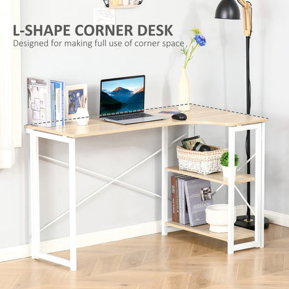 Haba 120cm Wooden Oak and White Metal Folding L Shaped Desk With 2 Tier Storage Shelves