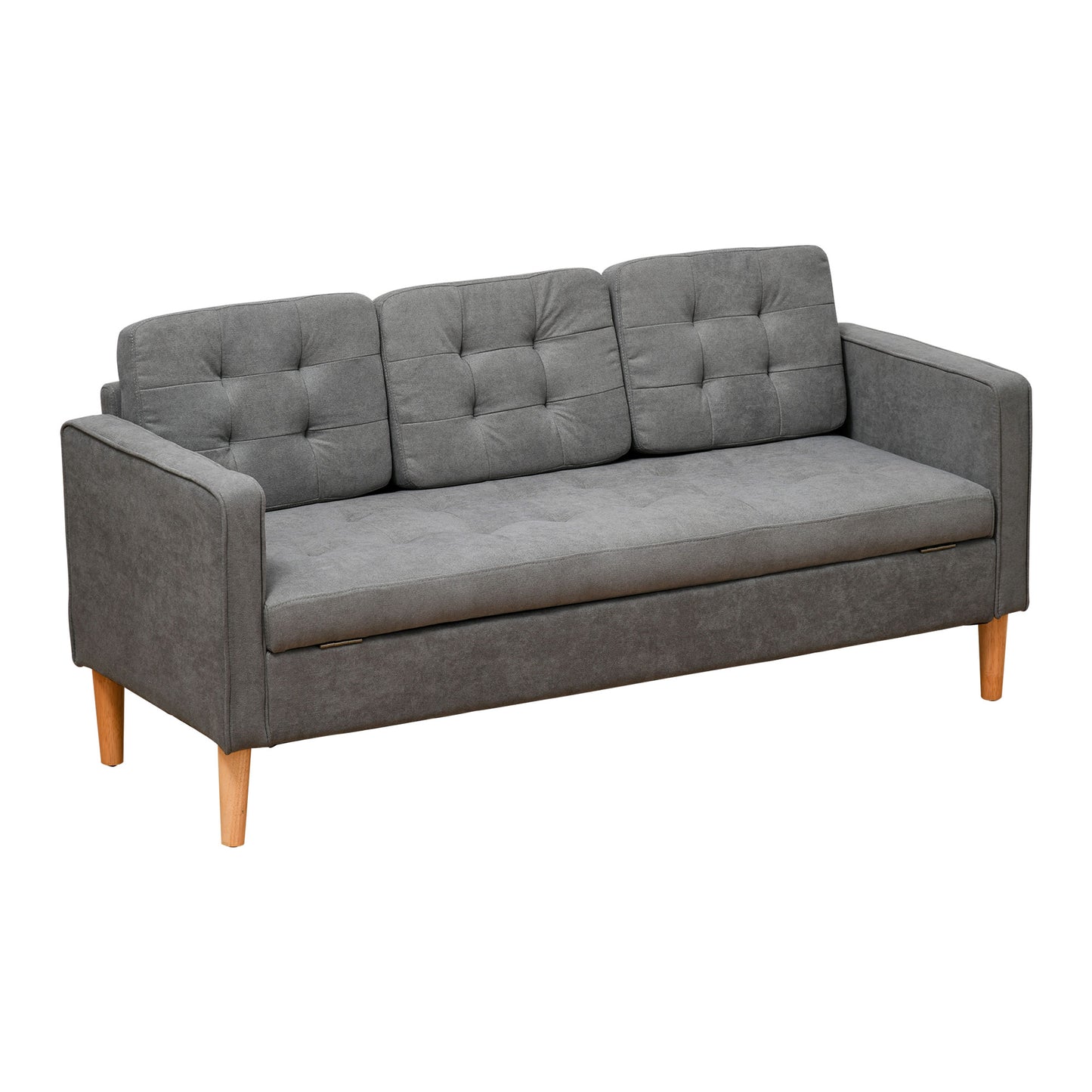Fabric Grey 3 Seater Sofa With Hidden Storage Tufted Seat And Wooden Legs