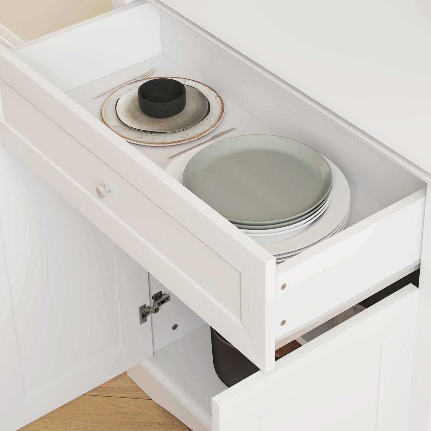 Tole Wooden White 4 Door Kitchen Cupboard With Drawer Glass Doors And OFauxn Counter