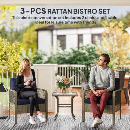 Doli Grey Rattan and Blue Fabric 3 Piece Bistro Set with Glass Coffee Table