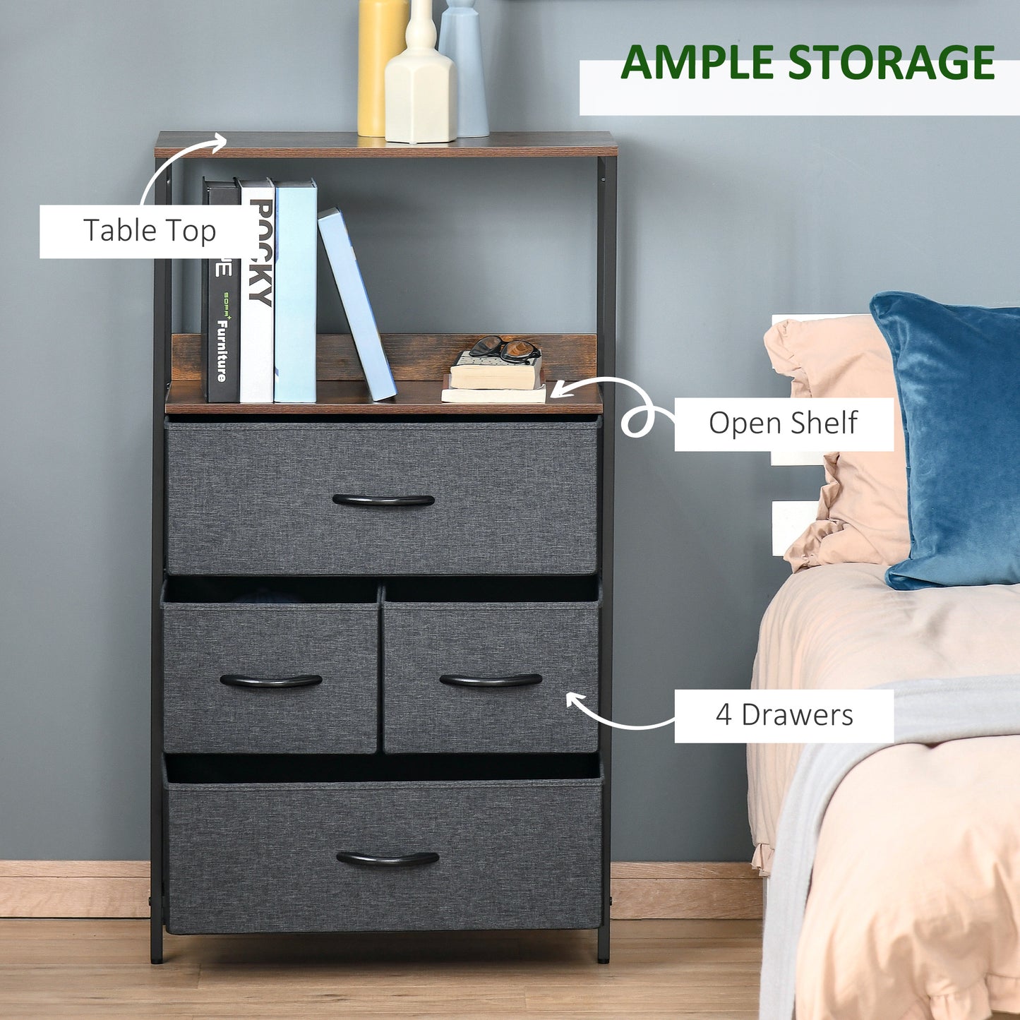 Lolula Wooden Black 4 Drawer Storage Chest With Open Shelf