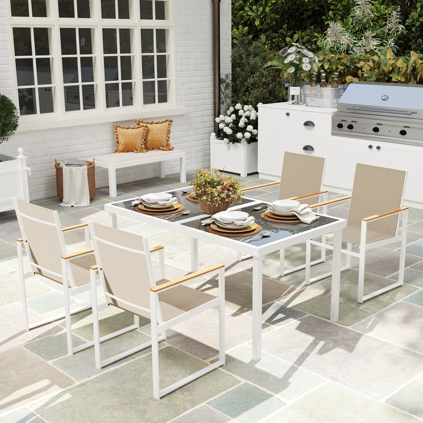 Hare 4 Seater White Metal and Cream Mesh Garden Furniture Set with Tempered Glass Table Top