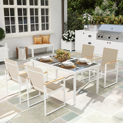 Hare 4 Seater White Metal and Cream Mesh Garden Furniture Set with Tempered Glass Table Top