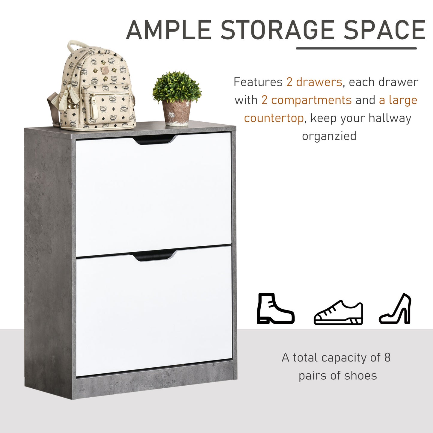 Lohase Wooden White and Grey Shoe Cabinet With 2 Drawers Grooved Handles