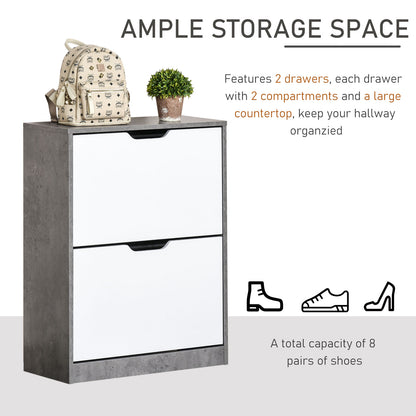Lohase Wooden White and Grey Shoe Cabinet With 2 Drawers Grooved Handles