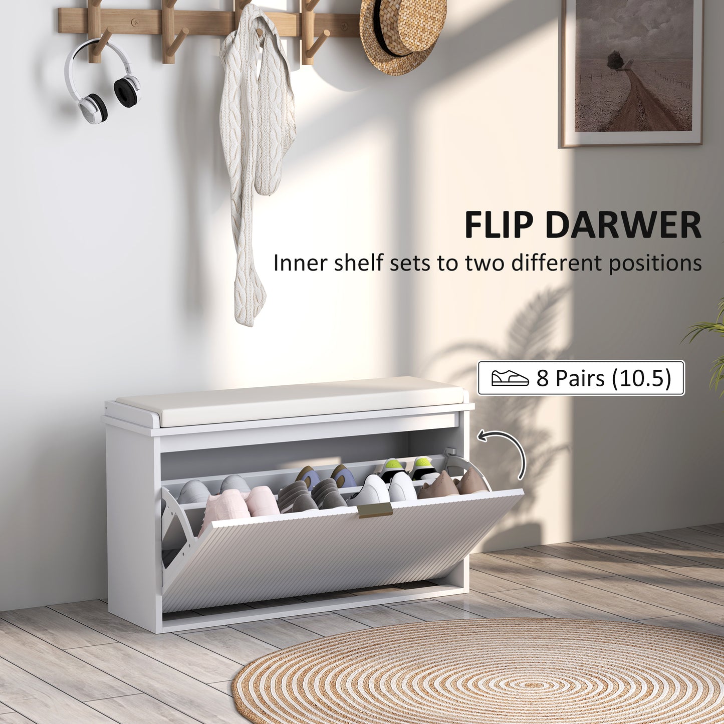 Lidito Wooden White 8 Pair Shoe Bench With Cushioned Top
