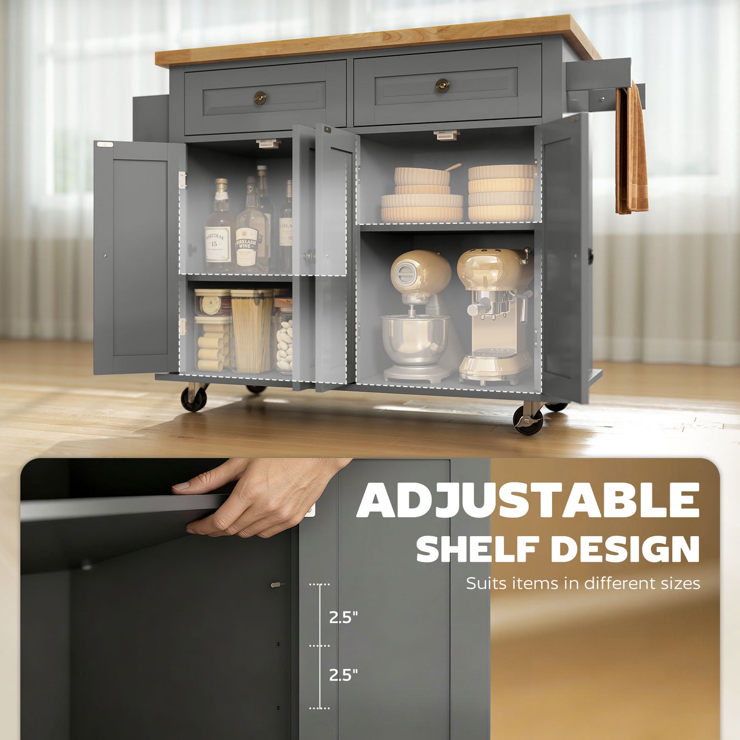 Lenevi Wooden Grey and Natural Rolling Kitchen Island With Drawers And Storage