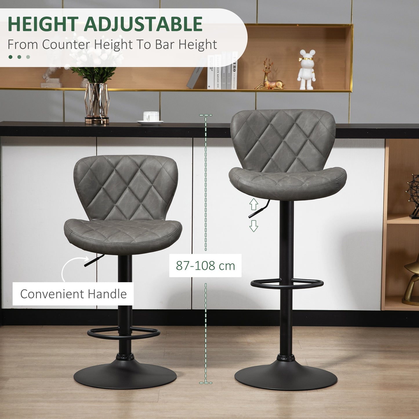 Moliyo Set Of 2 Dark Grey Swivel Bar Stools With Diamond Pattern And Steel Frame