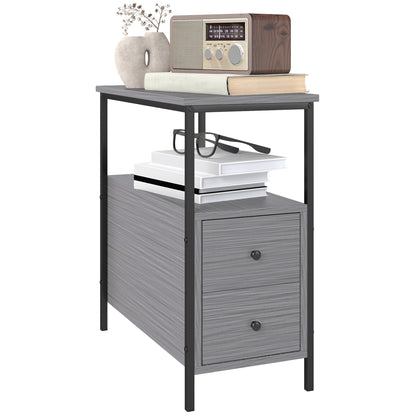 Loto Wooden Grey Wood Effect Narrow Bedside Table With 2 Drawers And Top Shelf