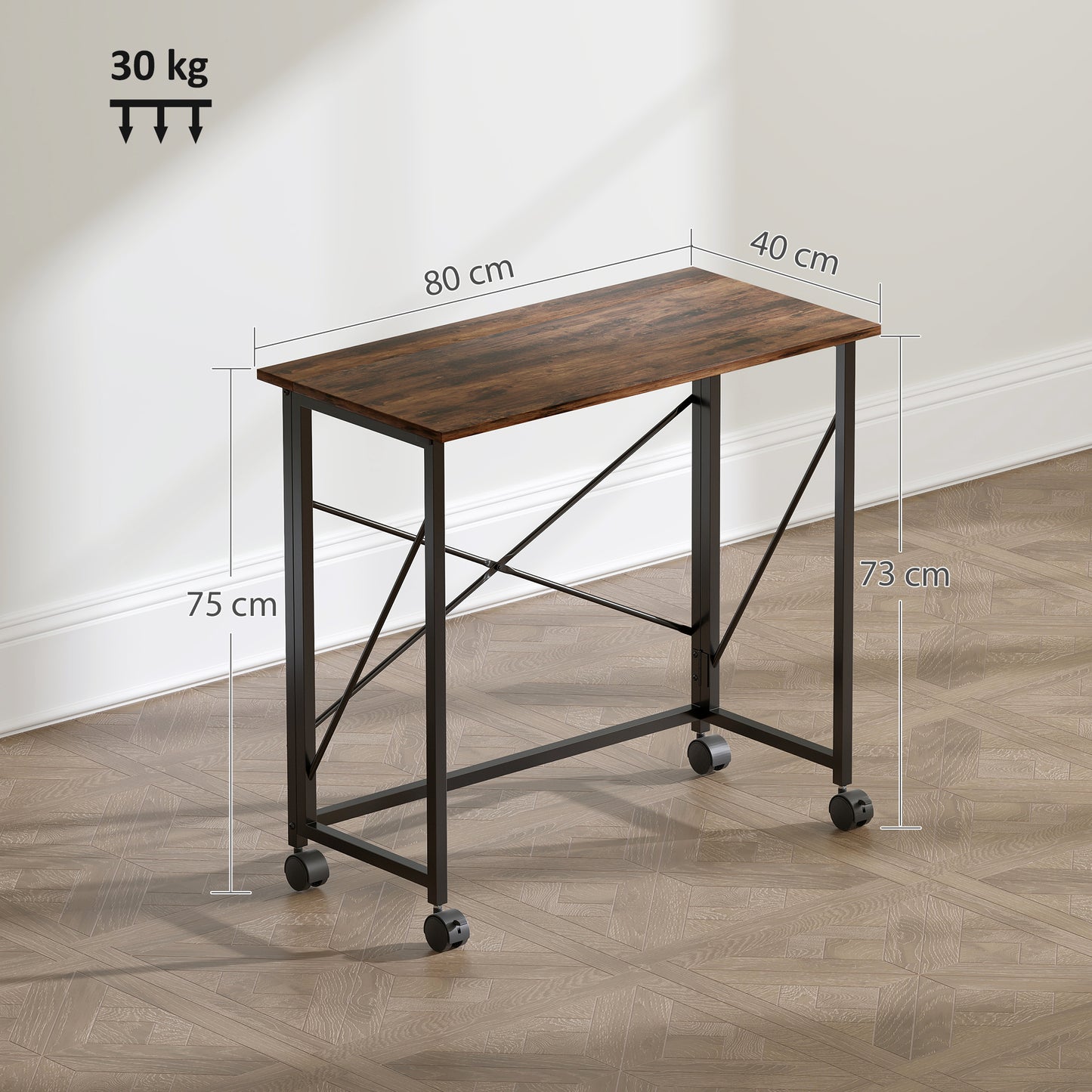 Maco 80cm Wooden Rustic Brown Folding Desk On Lockable Wheels