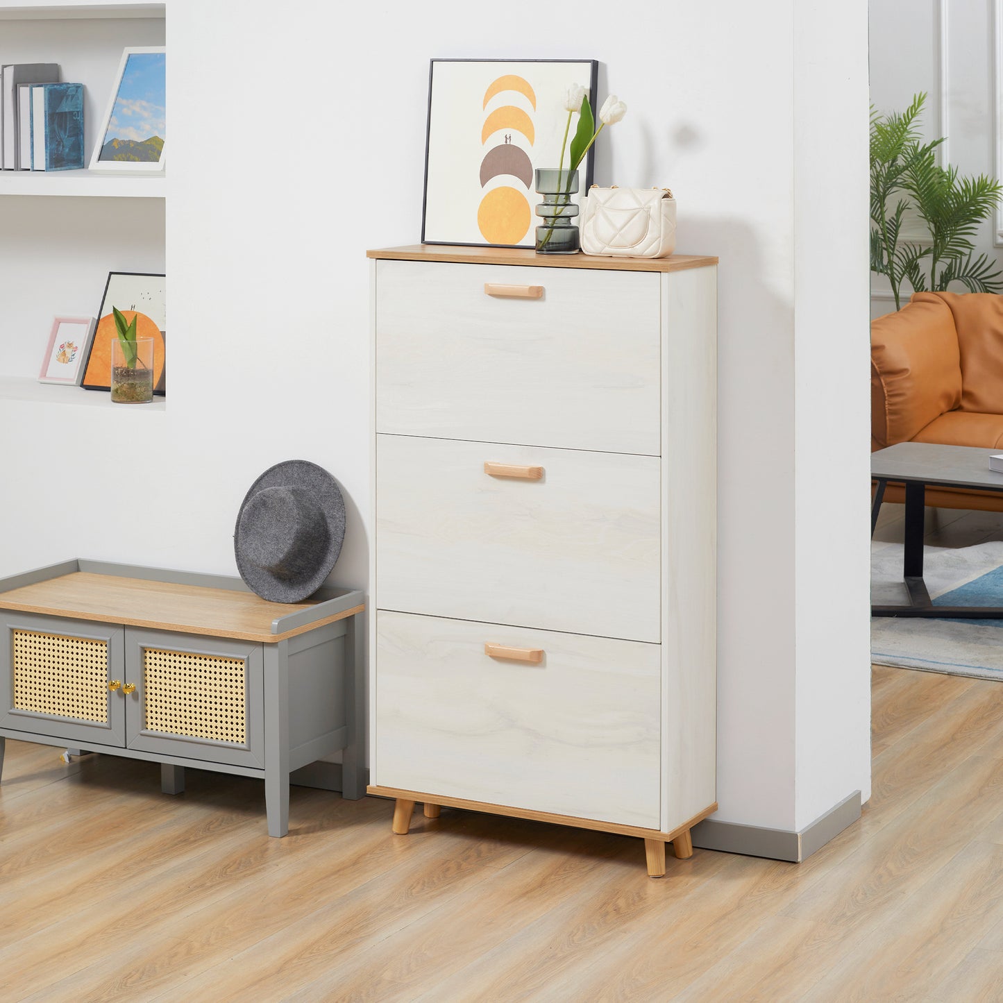 Romola Wooden White and Natural Slim Shoe Cabinet With 3 Flip Drawers For 12 Pairs