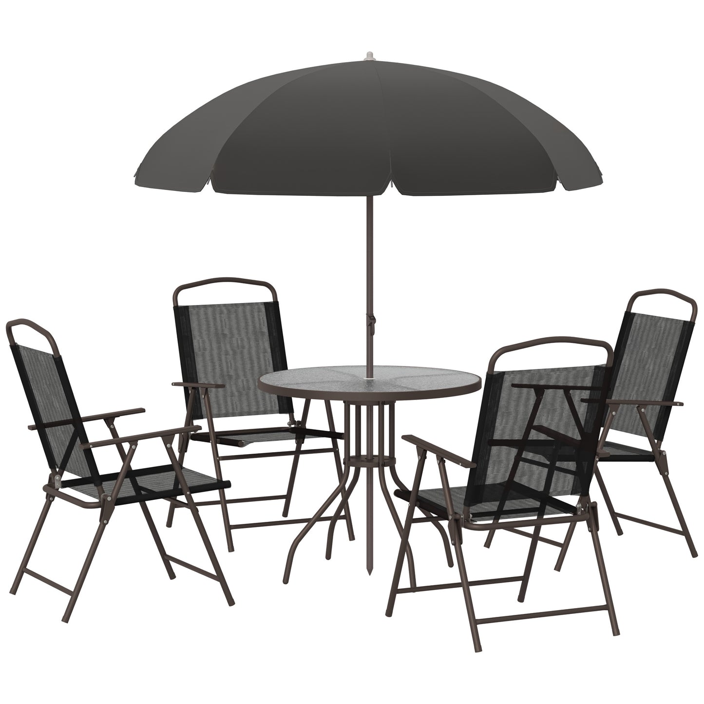 Jattare 4 Seater Metal and Mesh Black Garden Dining Set With Parasol Folding Chairs And Glass Table