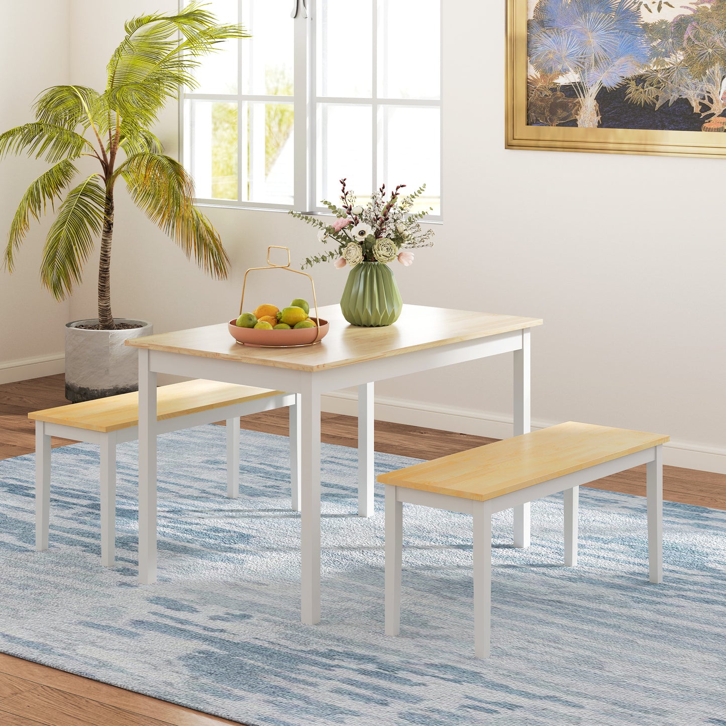 Nirosecco Solid Wood Natural And White Farmhouse Dining Table With Bench Set