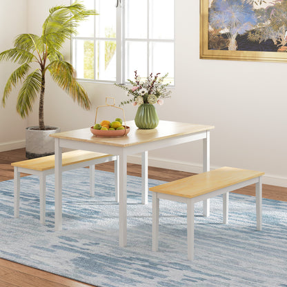 Nirosecco Solid Wood Natural And White Farmhouse Dining Table With Bench Set