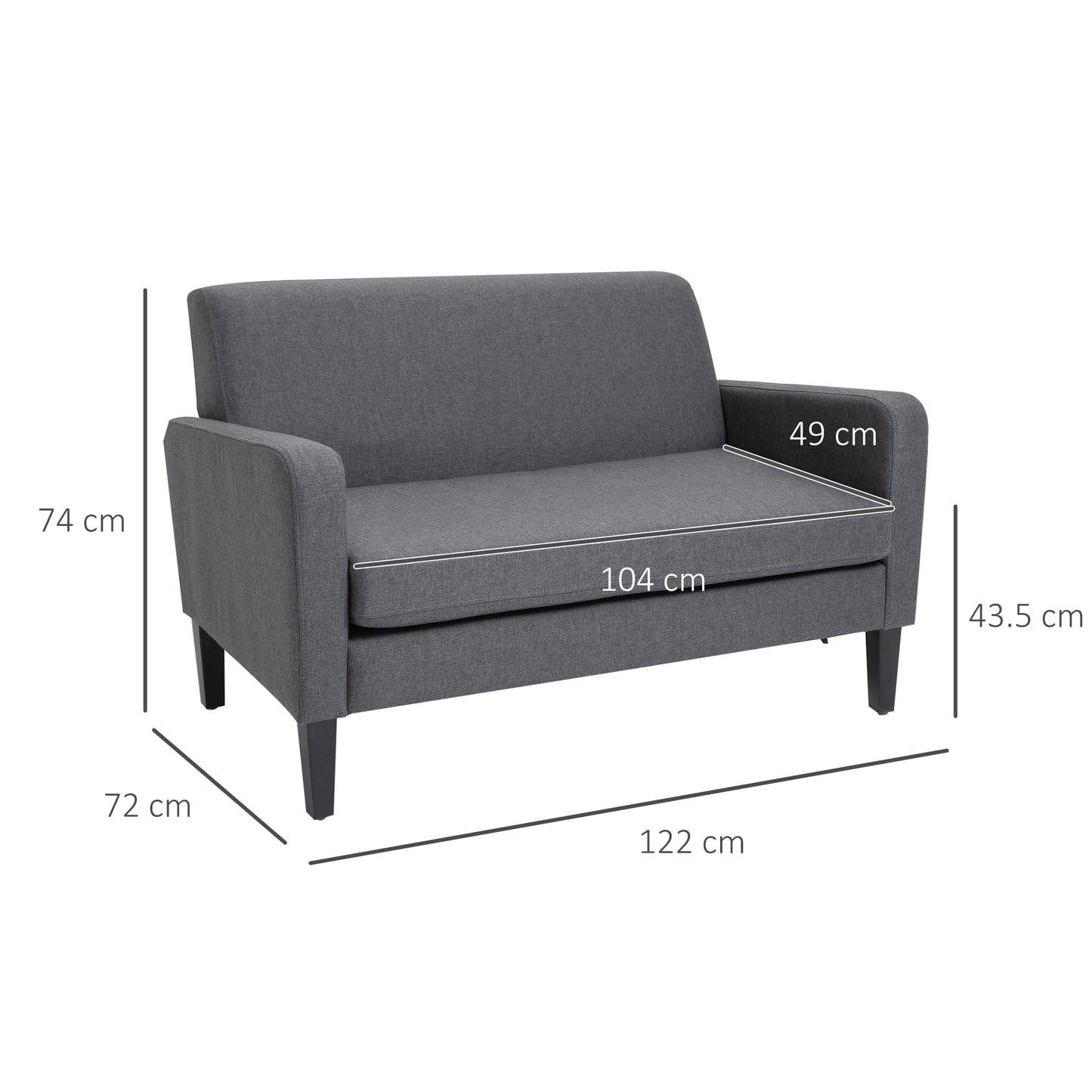 Kahaba Linen Grey Curved 2 Seater Sofa With Thick Cushion And Wooden Legs