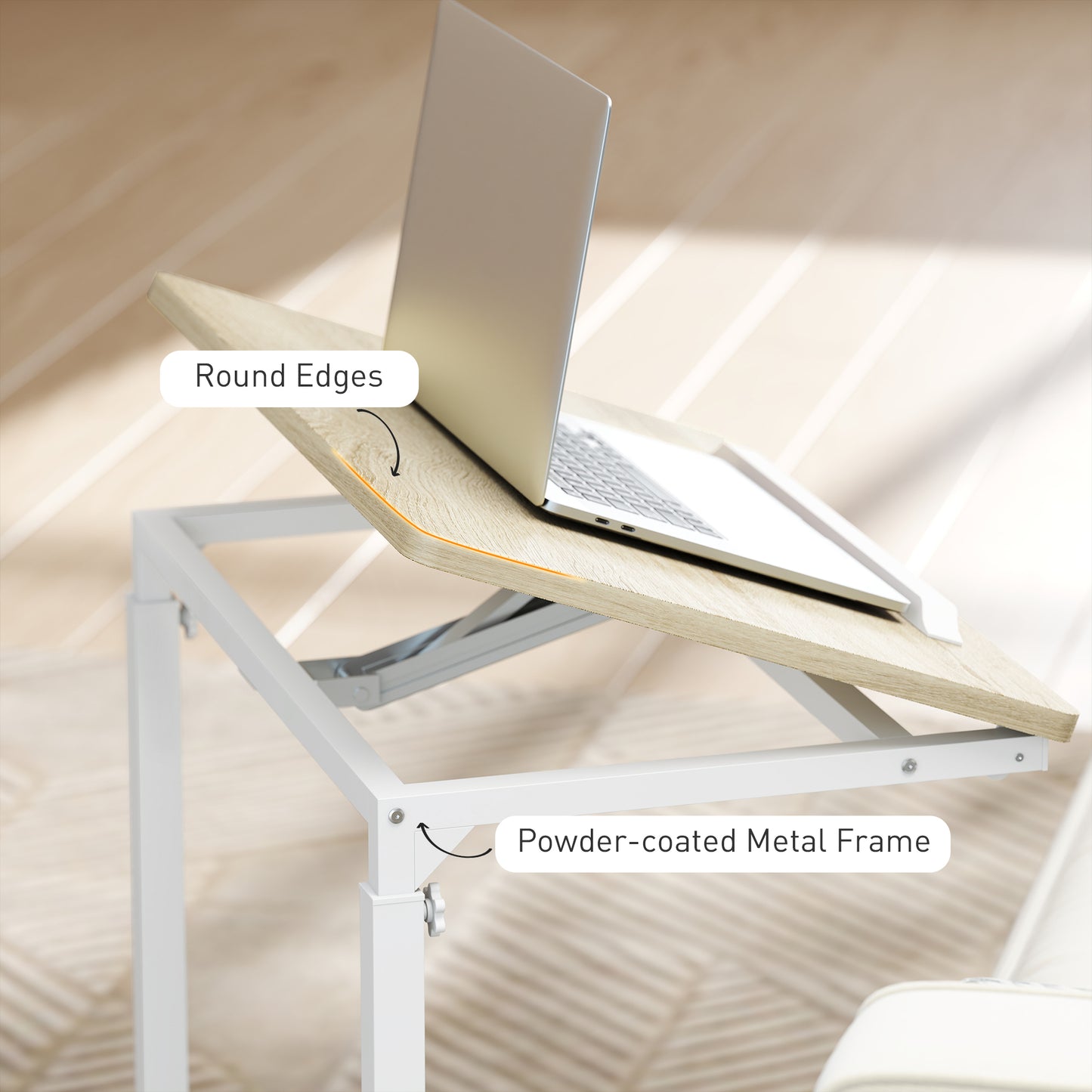 Mifi White Metal and Natural Wood Side Sofa Table Adjustable Tilting Top Lockable Wheels