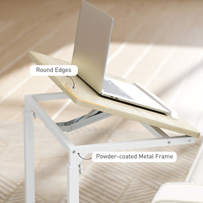 Mifi White Metal and Natural Wood Side Sofa Table Adjustable Tilting Top Lockable Wheels