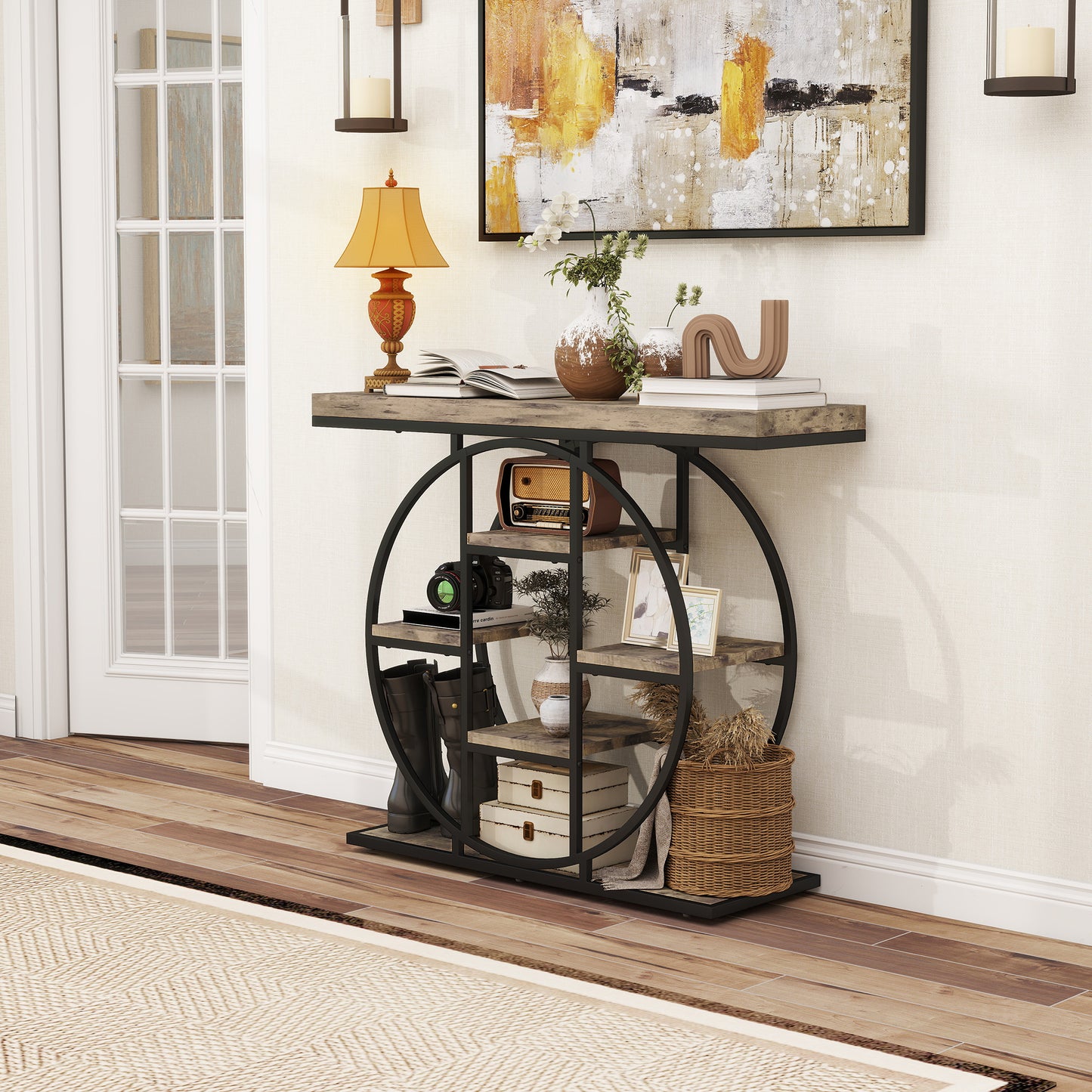 Reyore Metal And Wooden Rustic Brown Industrial Console Table With OFauxn Shelving