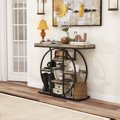 Reyore Metal And Wooden Rustic Brown Industrial Console Table With OFauxn Shelving