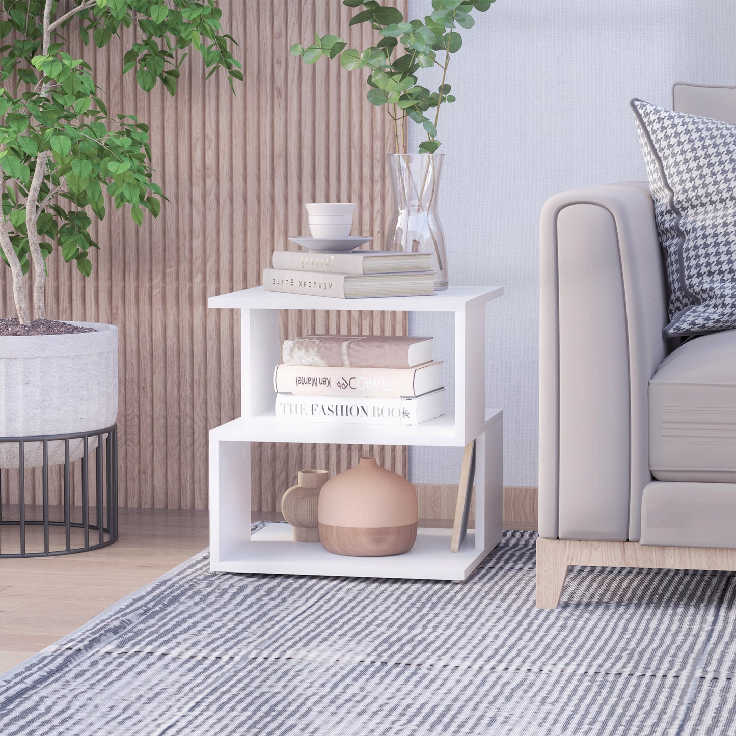 Masevi Wooden White Square Side Table With 2 Tier Storage