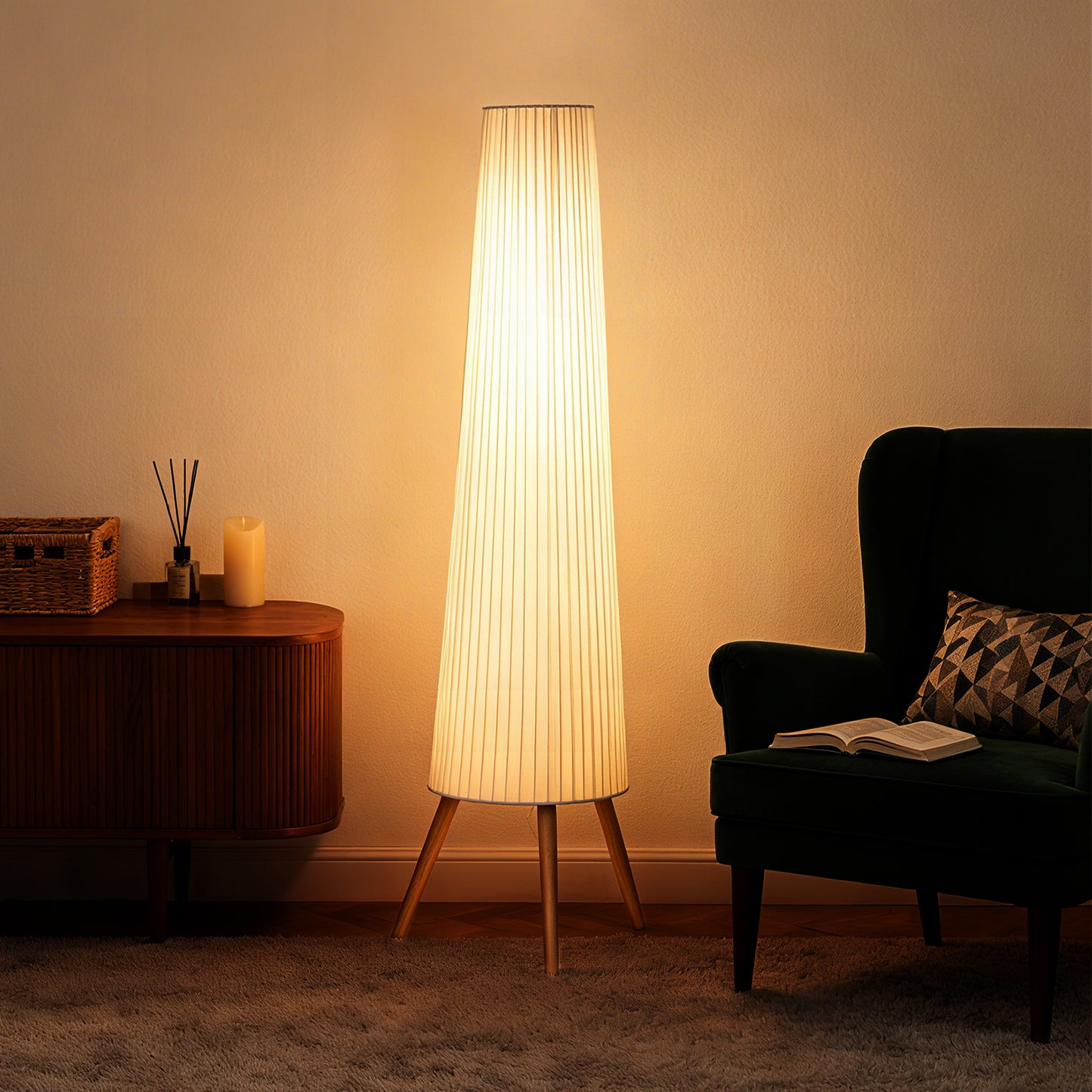 Liletti Natural Wood and White Fabric 3 Level Tripod Scandi Floor Lamp