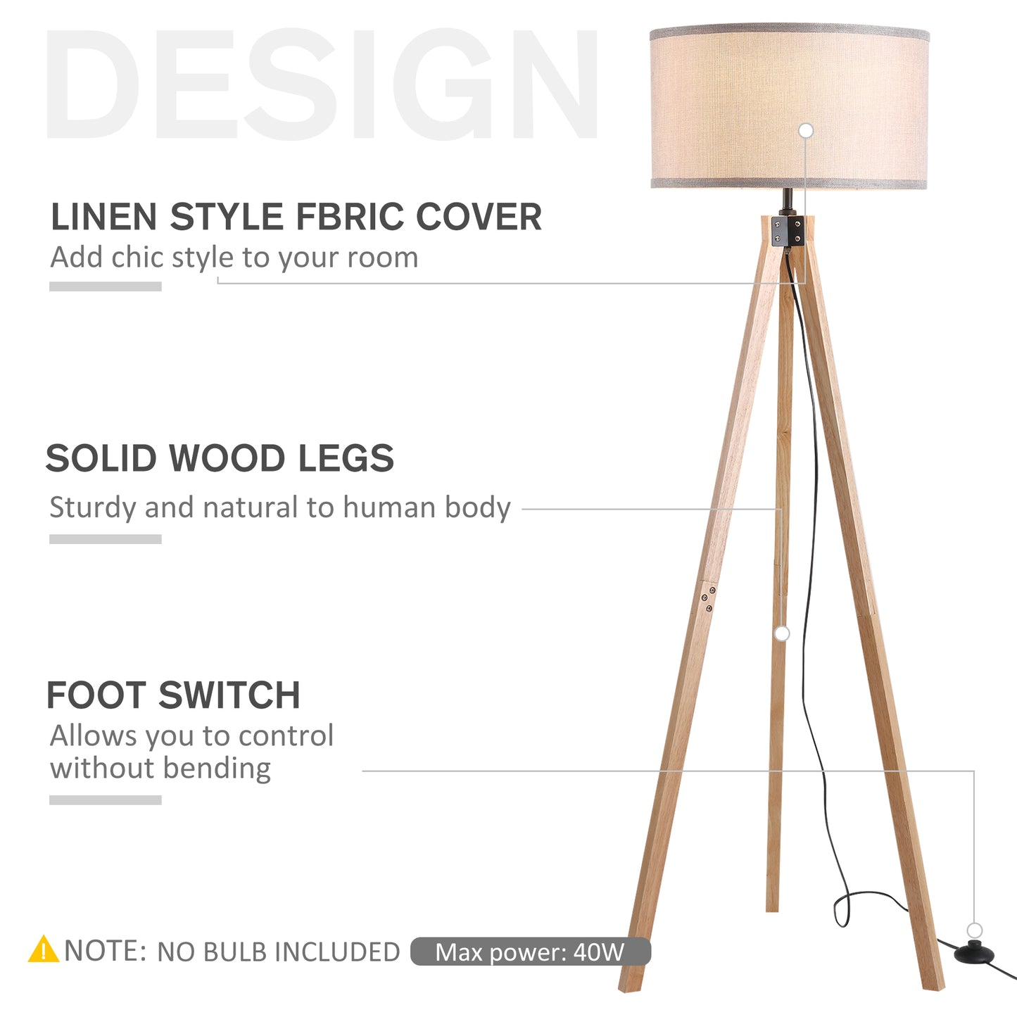 Tare Natural Wood And Fabric Beige Elegant Tripod Floor Lamp