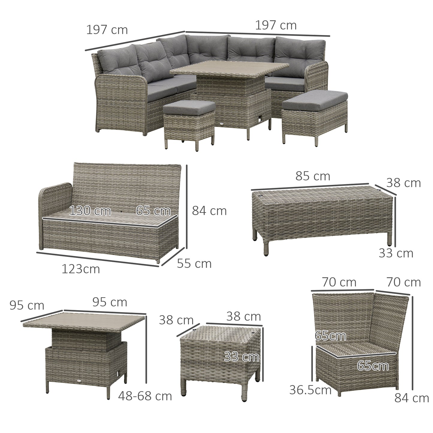 Kadira Faux Rattan Grey 8 Seatear Corner Sofa Conversational Set With Padded Cushions And Lift Top Table