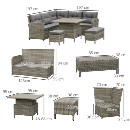 Kadira Faux Rattan Grey 8 Seatear Corner Sofa Conversational Set With Padded Cushions And Lift Top Table