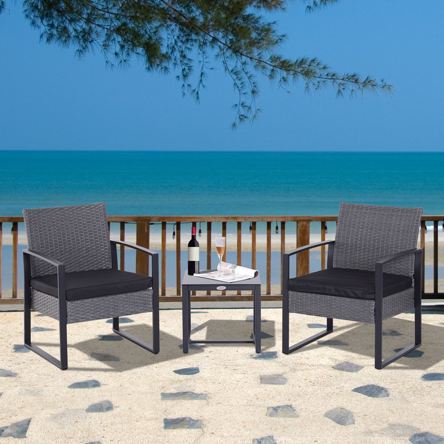 Seha Dark Grey Rattan 2 Seater Outdoor Bistro Set With Black Cushions