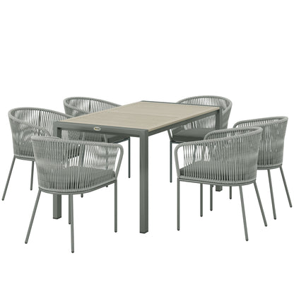 Riluvi Rattan Grey 6 Seater Outdoor Garden Dining Set With Wood Top Table And Cushioned Chairs