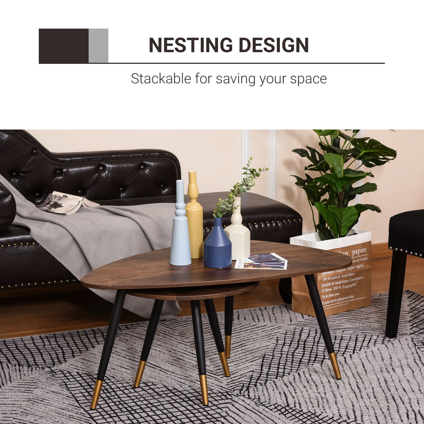 Nera Wood Walnut Finish Set Of 2 Scandinavian Style Coffee Tables