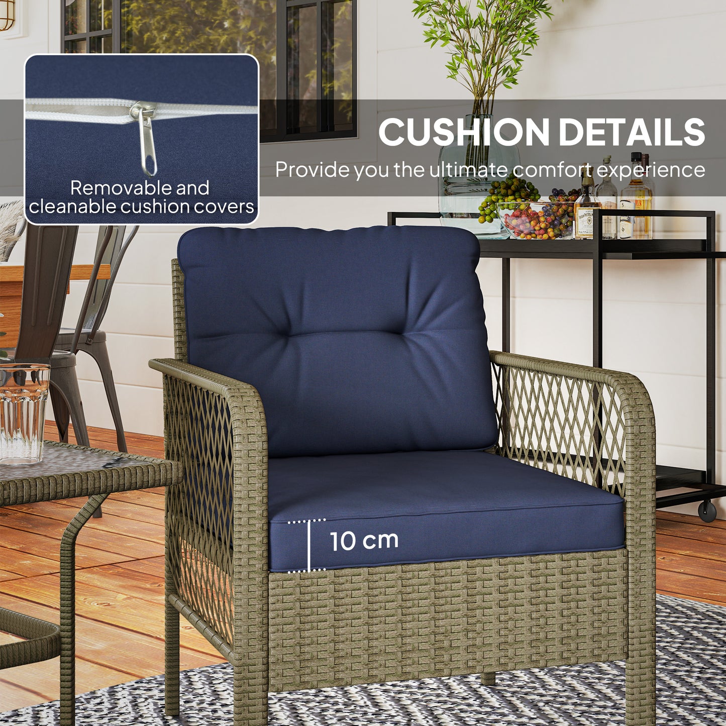 Doli Grey Rattan and Blue Fabric 3 Piece Bistro Set with Glass Coffee Table