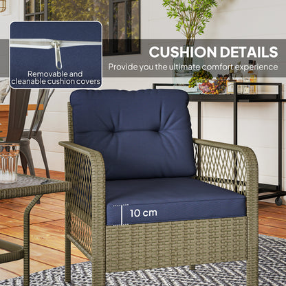 Doli Grey Rattan and Blue Fabric 3 Piece Bistro Set with Glass Coffee Table