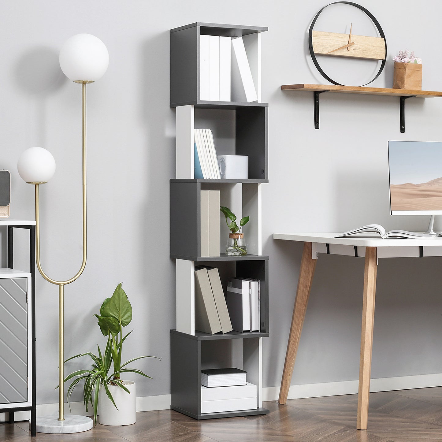 Lale Wood White And Dark Grey 5 Tier Freestanding Bookcase