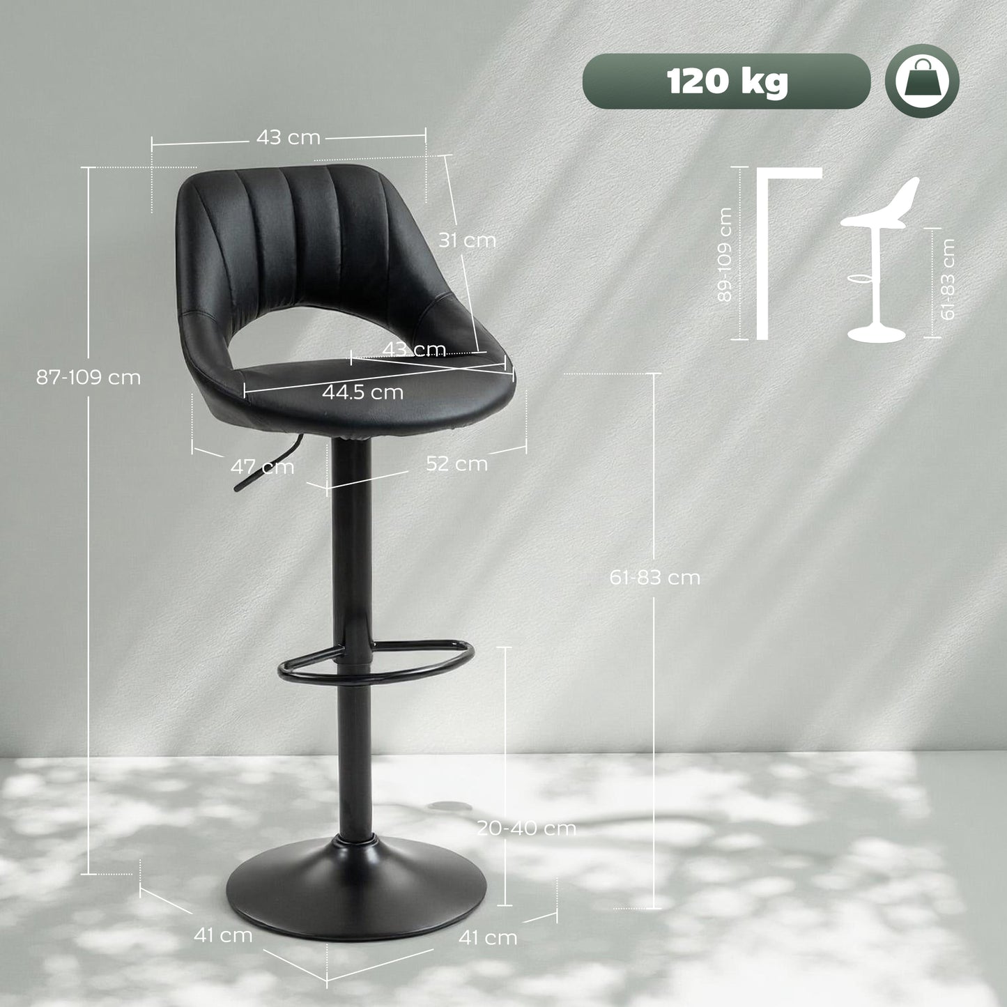 Nadi Set Of 2 Black Faux Leather Bar Chairs With Padded Seats