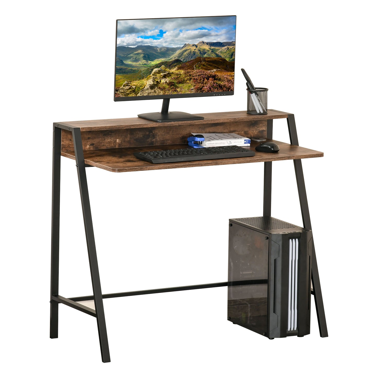 Lune 100cm Rustic Brown Compact Writing Desk With Integrated Storage Shelves