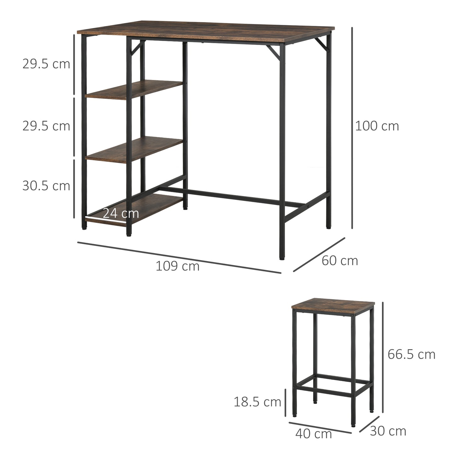 Elba Metal And Wooden Industrial 3 Piece Bar Dining Set With Side Storage