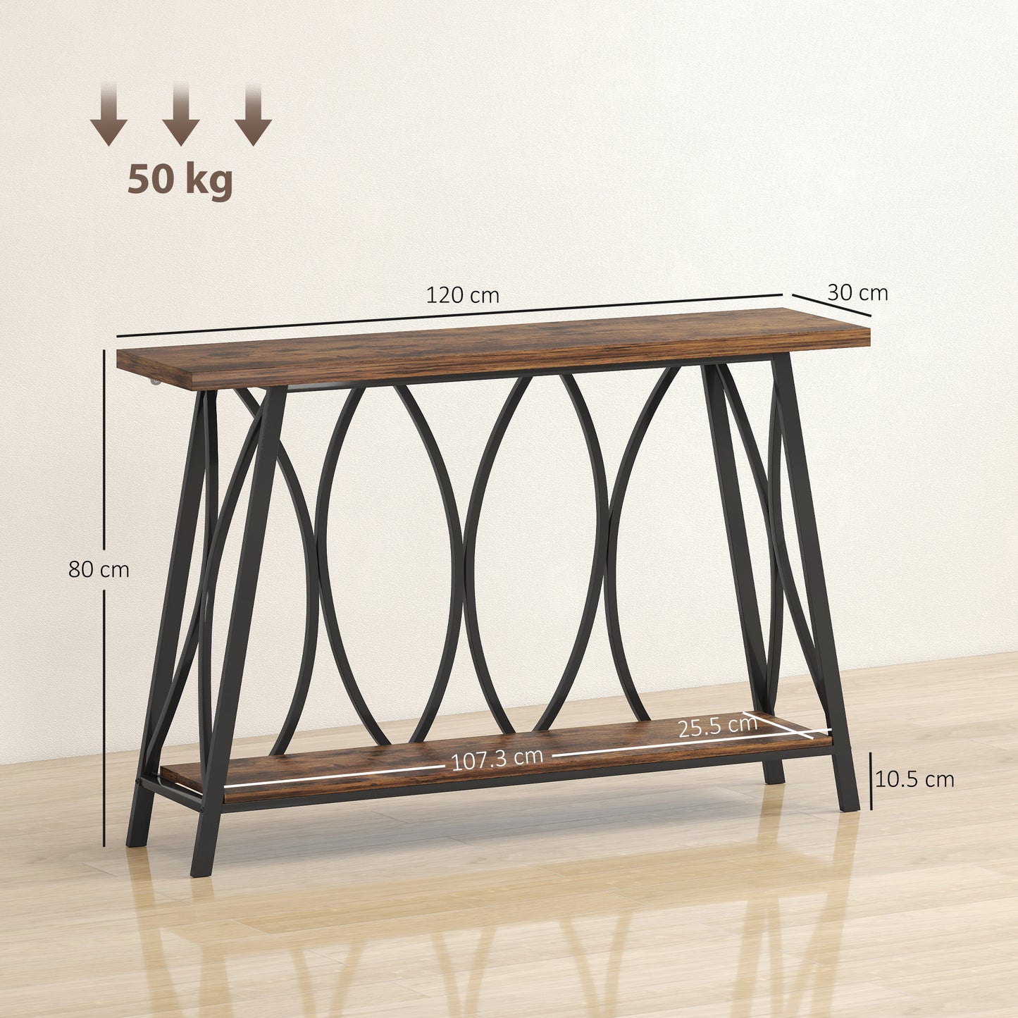 Raneve Metal And Wooden Rustic Brown 2 Tier Industrial Console Table 120 x 30 x 80 cm