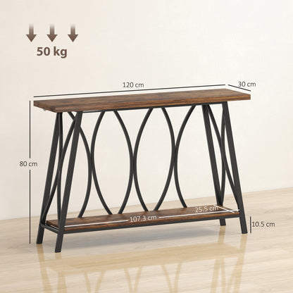 Raneve Metal And Wooden Rustic Brown 2 Tier Industrial Console Table 120 x 30 x 80 cm