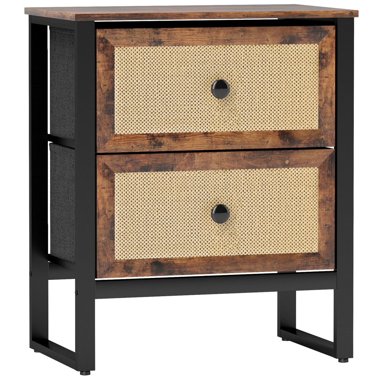 Mata Coyo Brown Industrial Bedside Table Wicker 2 Drawers