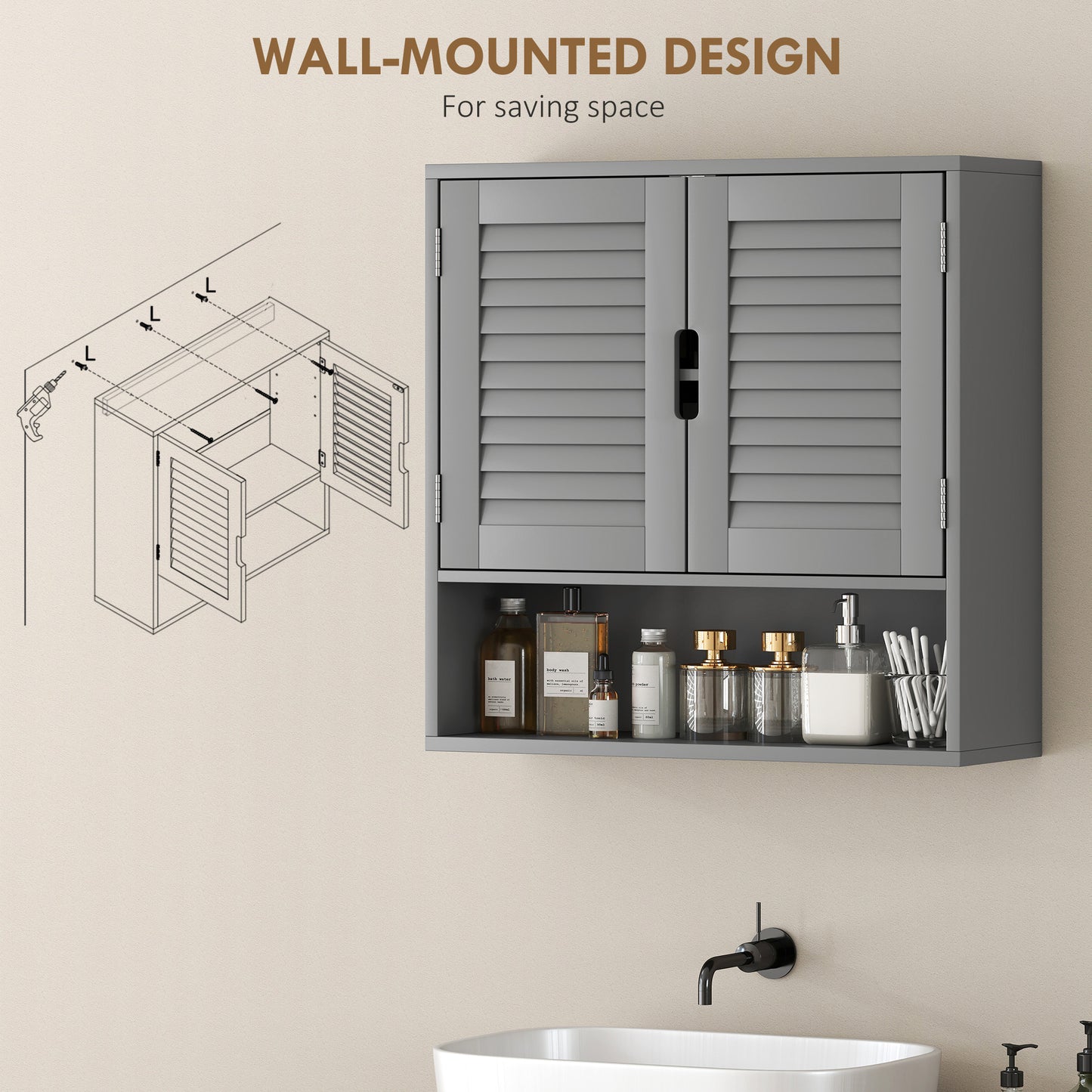 Zilikane Wall Mounted Bathroom Storage Cabinet With Adjustable Shelves Grey 60 x 20 x 60cm