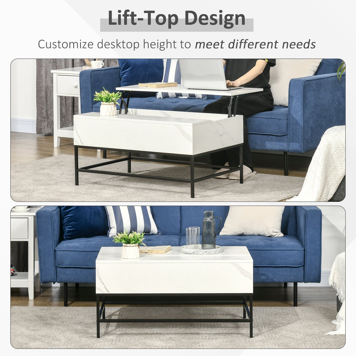 Rebafa Wooden Marble Effect White Lift Top Coffee Table With Hidden Storage
